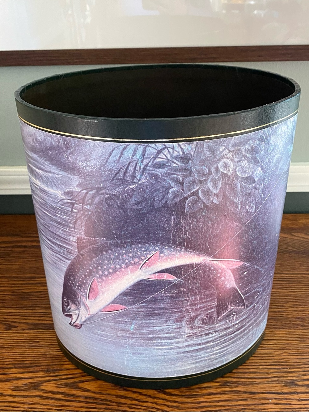 Vintage 1990s Hunter Green Fishing Scene Wastebasket Trout River Cabin Lodge